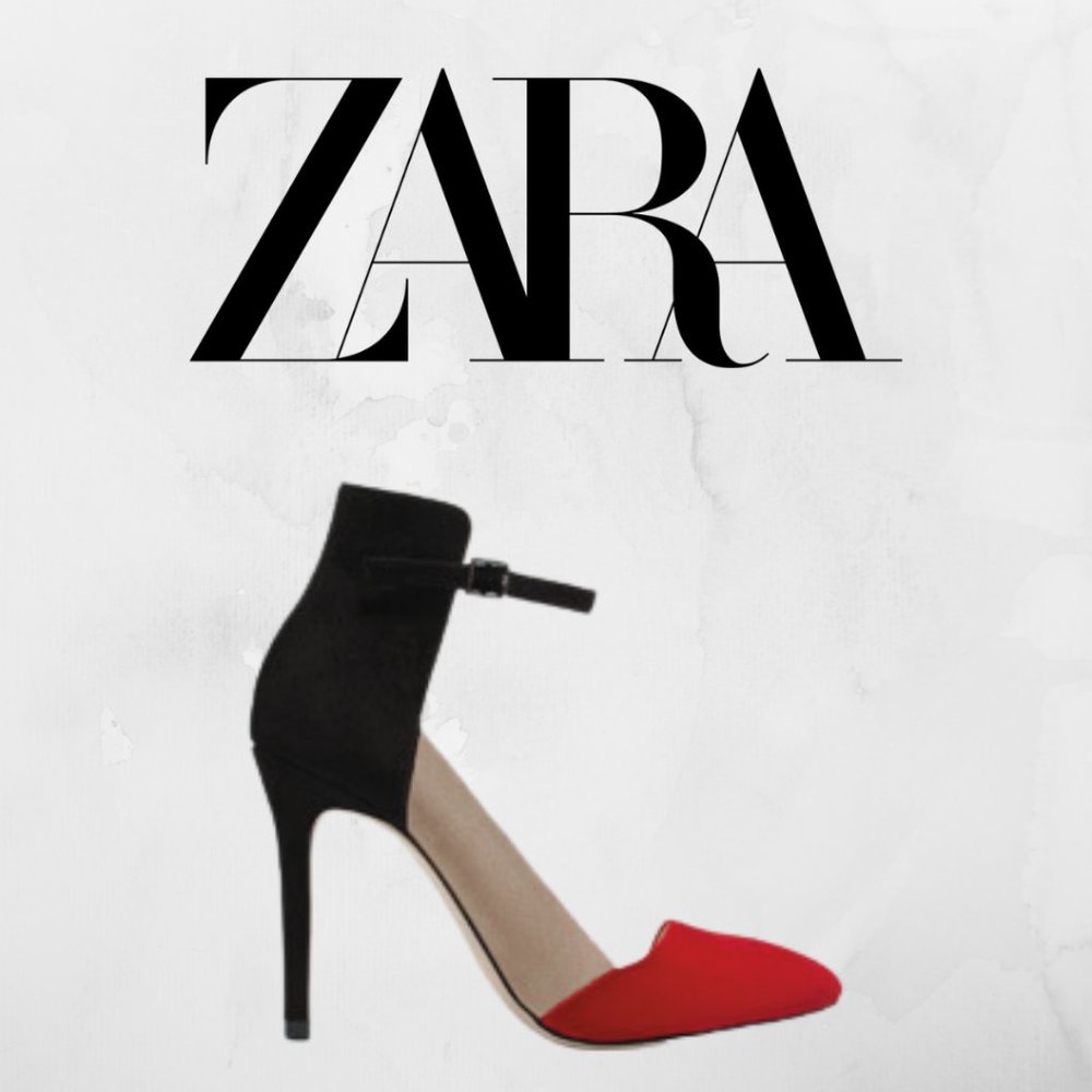Zara Red Black Tan Suede Colorblock Pointed Heel Strap Sz 6